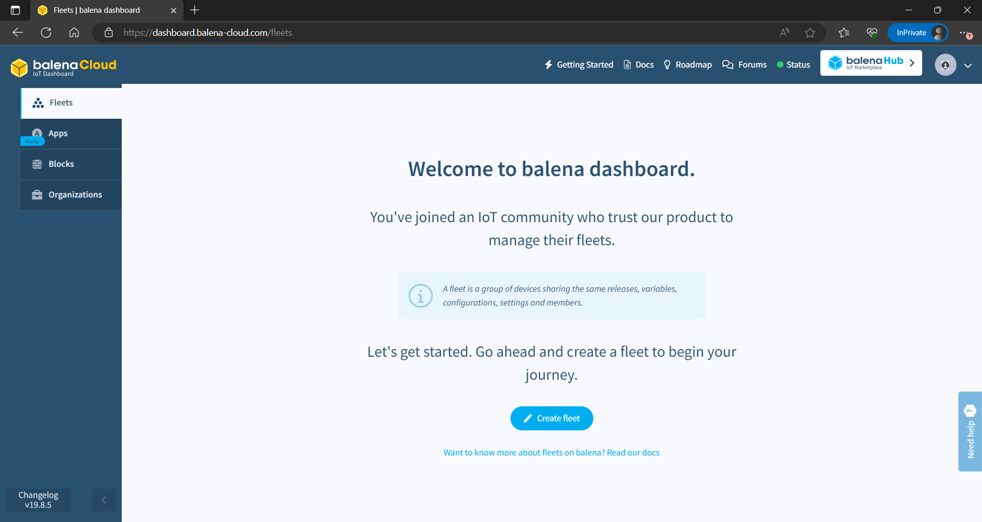 balenaCloud dashboard with empty fleet list