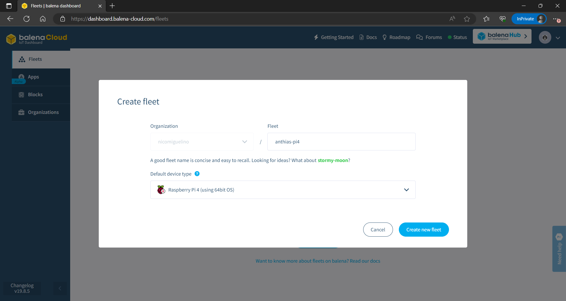 balena fleet creation dialog with device-type selector