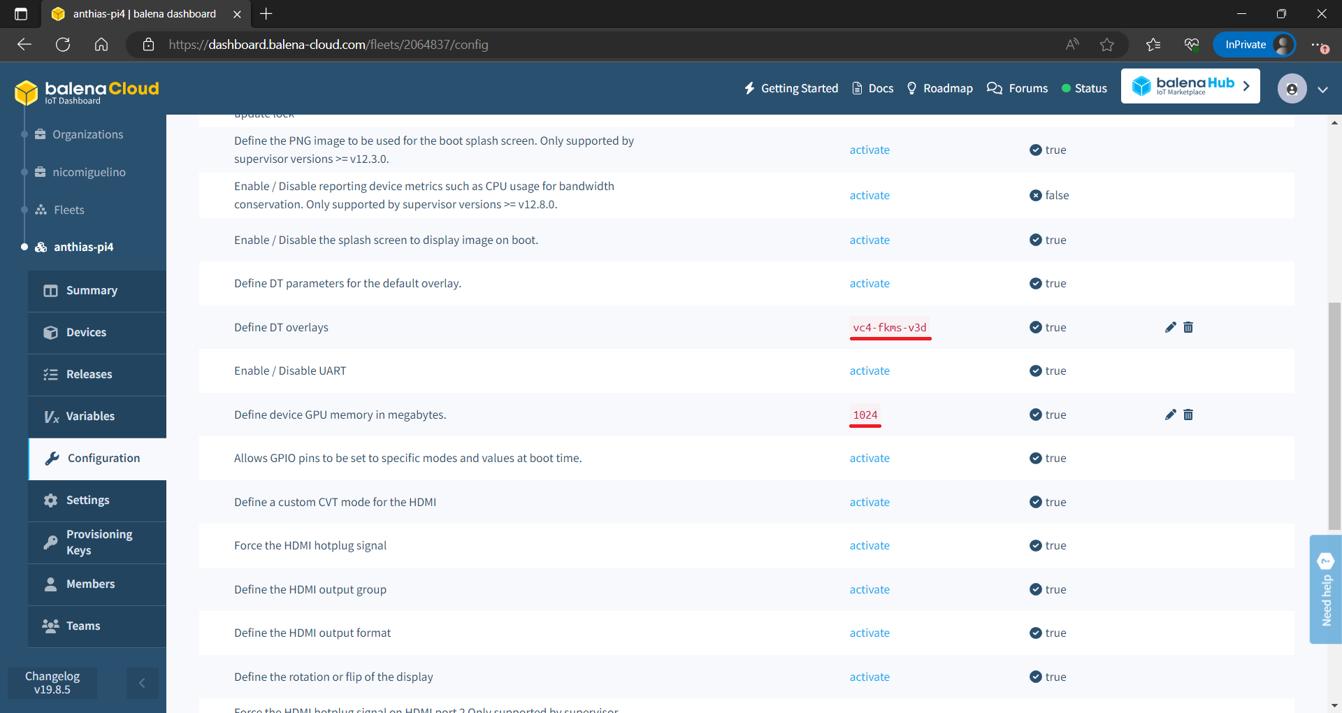 balena fleet configuration page showing GPU memory and dtoverlay variables