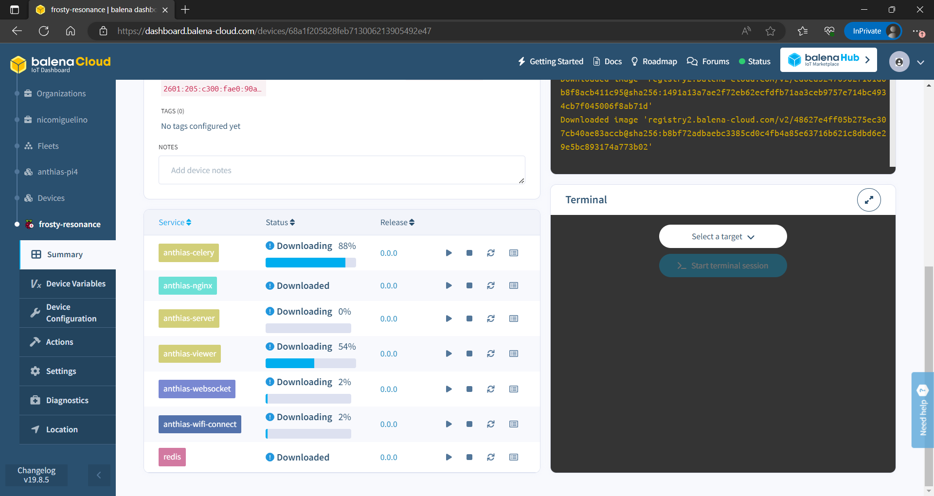balenaCloud showing the device downloading Anthias container images