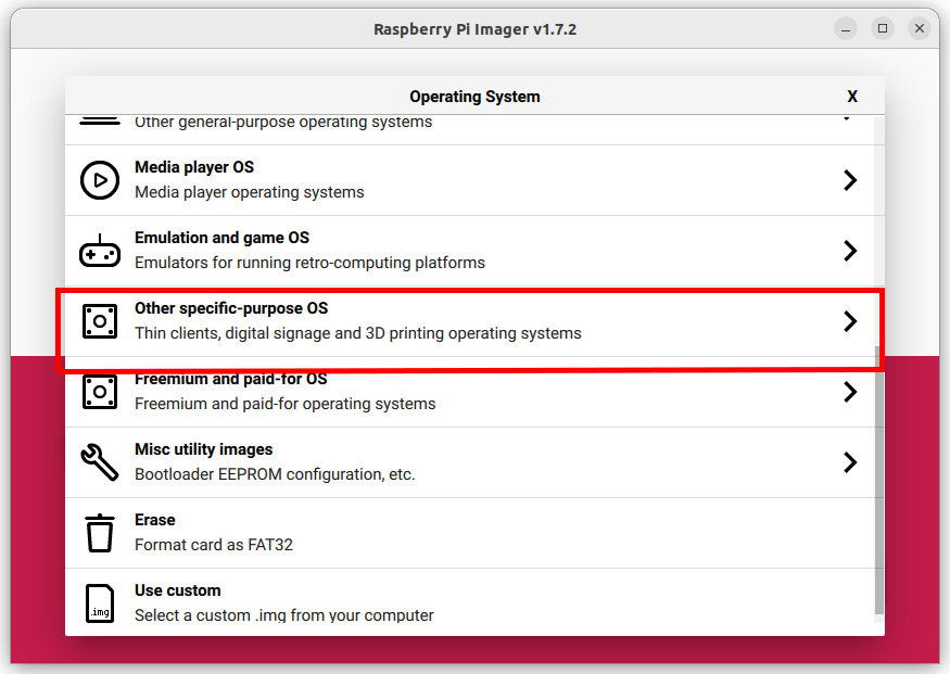 Raspberry Pi Imager showing Other specific-purpose OS category