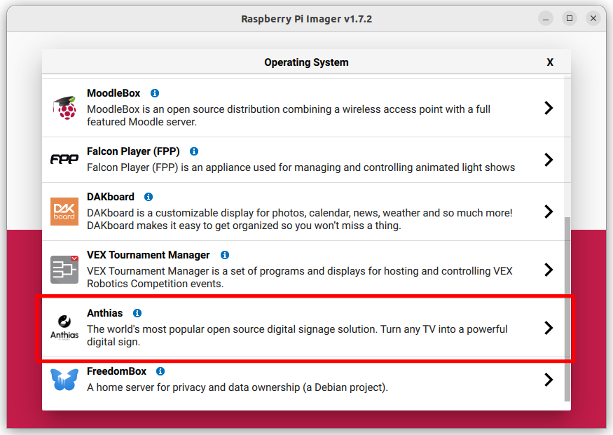 Raspberry Pi Imager listing Anthias as a selectable image