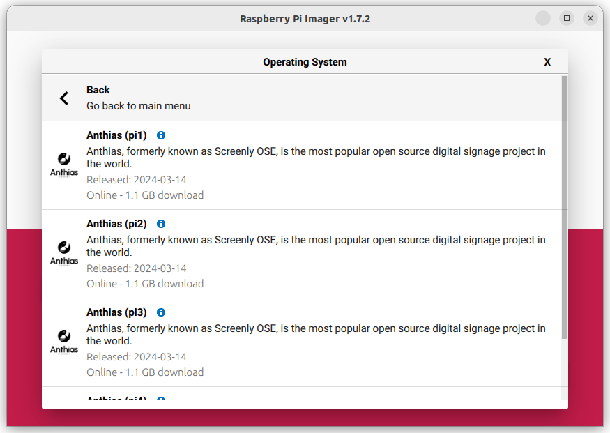 Raspberry Pi Imager confirming the SD card target before writing Anthias