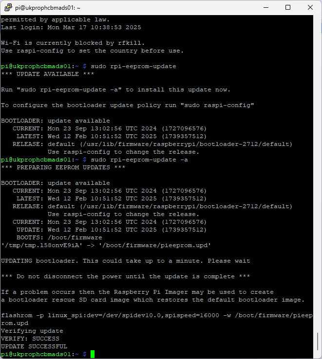 Terminal output of sudo rpi-eeprom-update on a Raspberry Pi 5