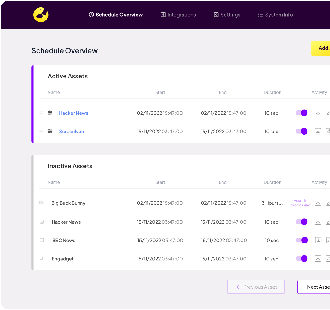 Anthias dashboard showing scheduled content