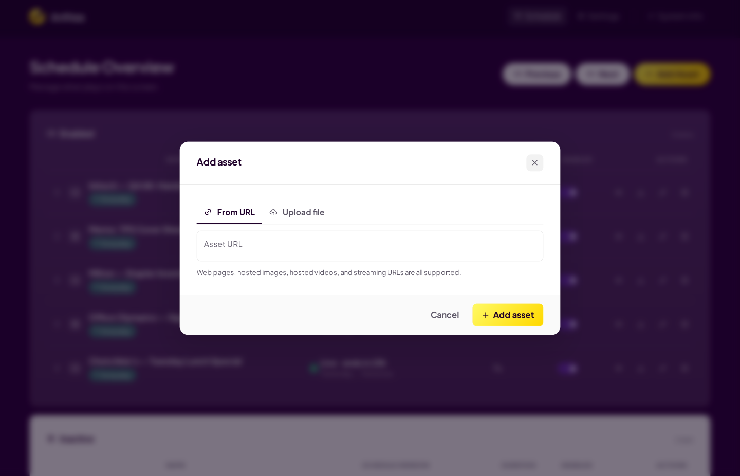 Add Asset dialog with URL, file upload, and schedule fields