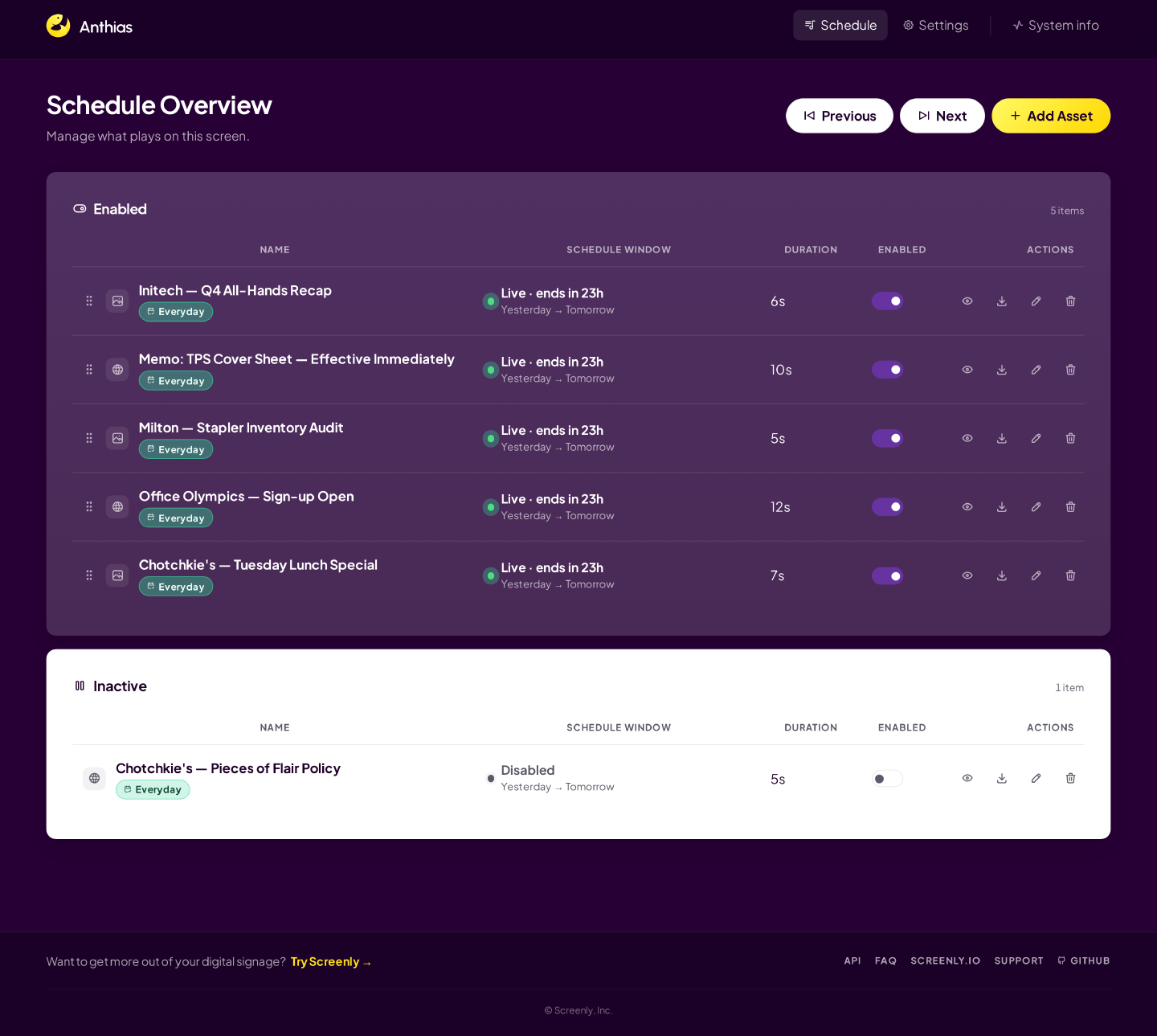 Anthias dashboard showing scheduled assets ready to play