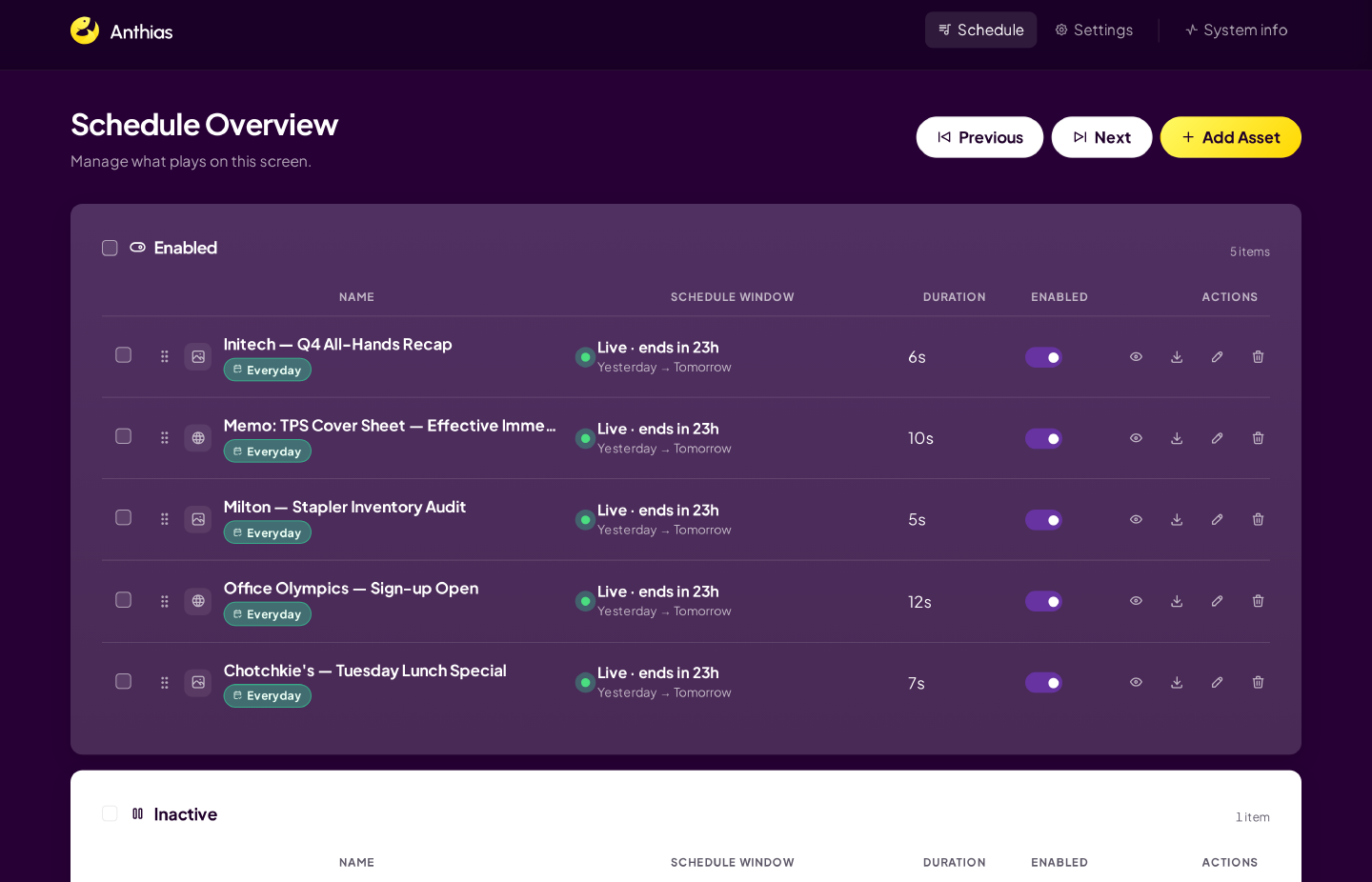 Anthias dashboard showing scheduled assets ready to play