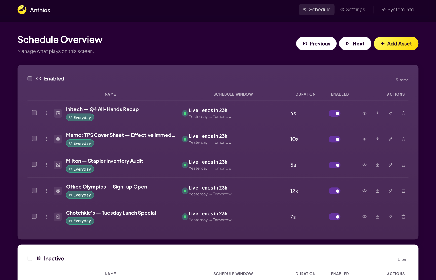 Anthias dashboard showing scheduled assets ready to play