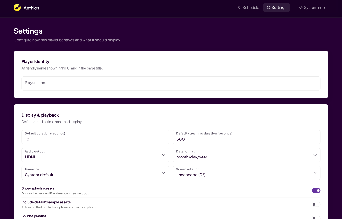 Anthias system settings — display, network, and player options